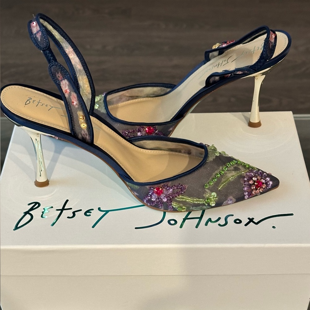 Betsey Johnson Velma Navy Multicolor Mesh Slingback Heels
